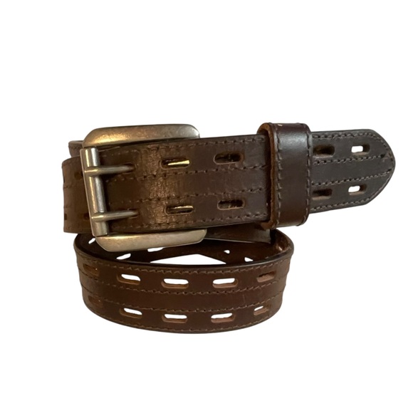 VTG 70s Brown Leather Belt Double Prong Silver Roller Buckle Adjustable Hippie - Picture 5 of 12